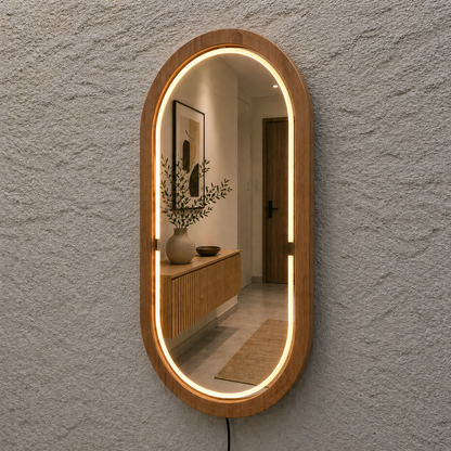 Handmade Beech Wood Framed LED Capsule Mirror Dimmable Lighted Wall Mirror