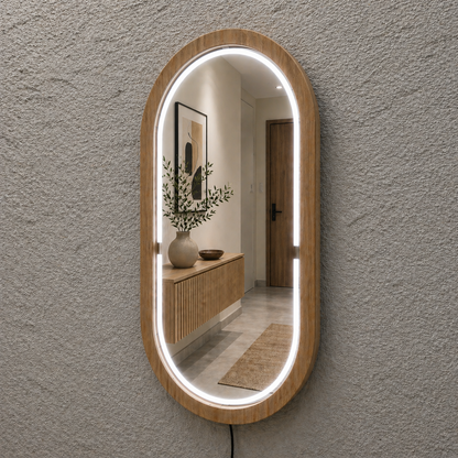 Handmade Beech Wood Framed LED Capsule Mirror Dimmable Lighted Wall Mirror