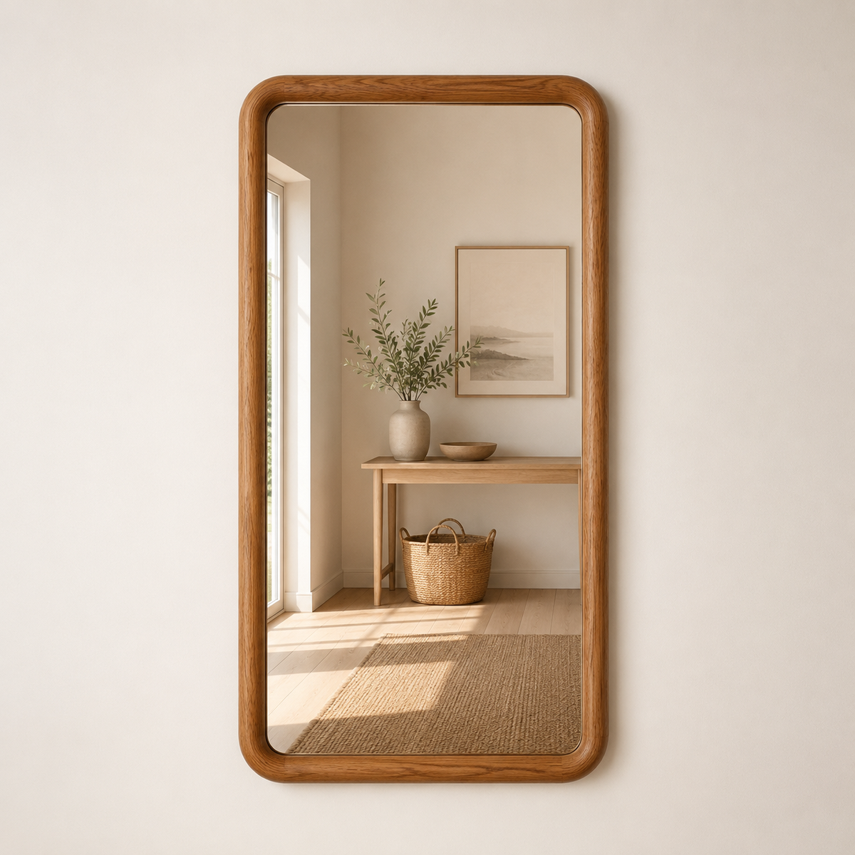 Rounded Rectangle Wall Mirror, Wood Framed Mirror, Solid Beech Wood Bathroom Vanity Mirror