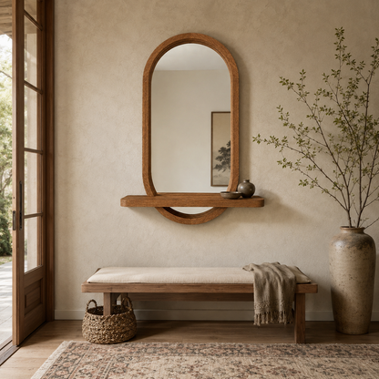 Capsule Wood Wall Mirror with Shelf, Modern Entryway and Vanity Mirror