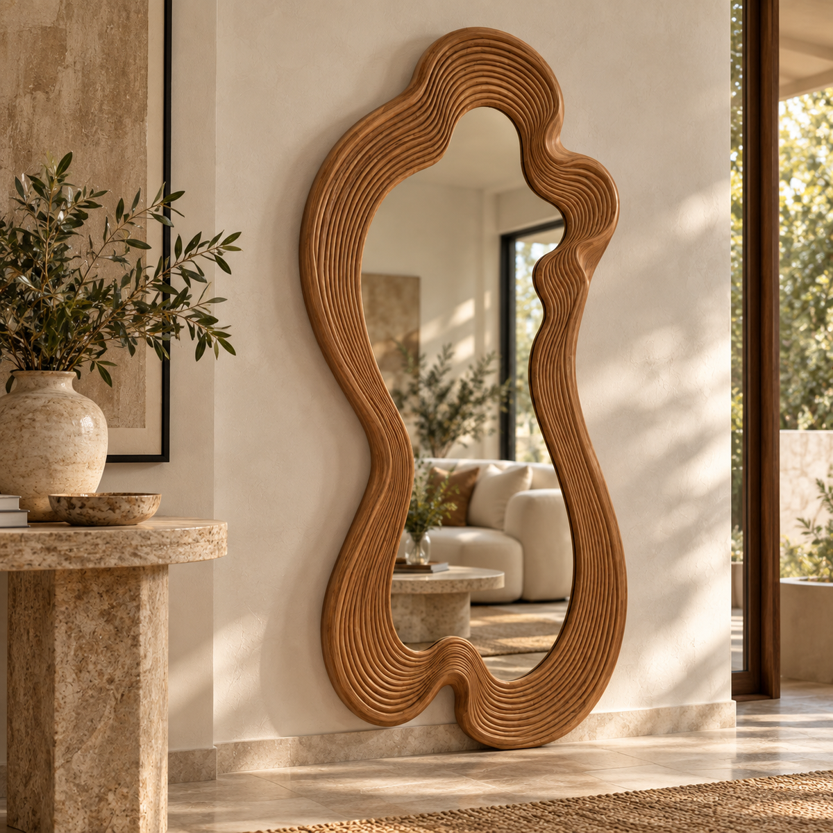 Linden Wood Wavy Mirror, Organic Full-Length Statement Wall Art