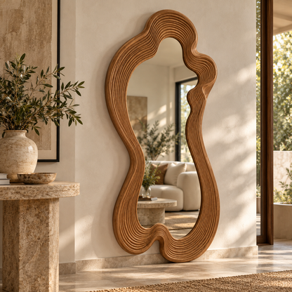 Linden Wood Wavy Mirror, Organic Full-Length Statement Wall Art
