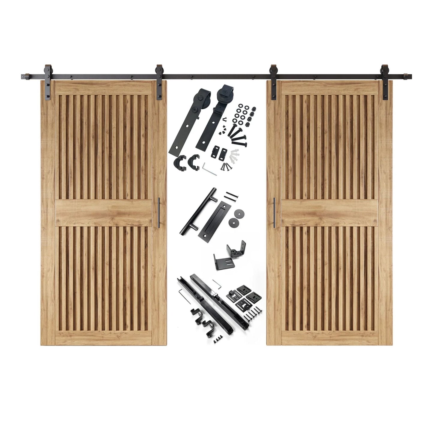 Double Barn Door Kit - Vertical Slat Design with Black Hardware & Custom Finishes