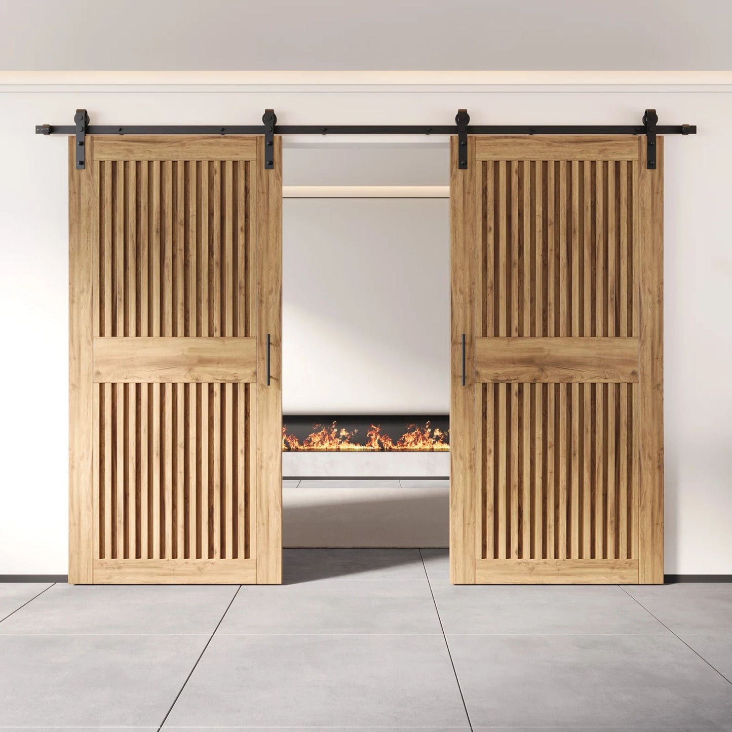 Double Barn Door Kit - Vertical Slat Design with Black Hardware & Custom Finishes