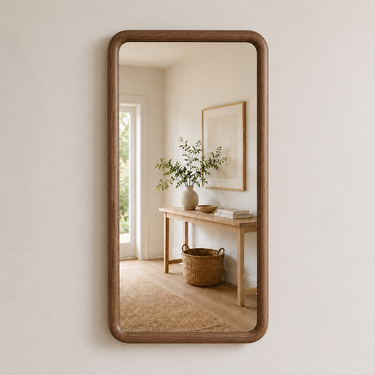 Rounded Rectangle Wall Mirror, Wood Framed Mirror, Solid Beech Wood Bathroom Vanity Mirror