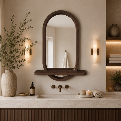 Capsule Wood Wall Mirror with Shelf, Modern Entryway and Vanity Mirror