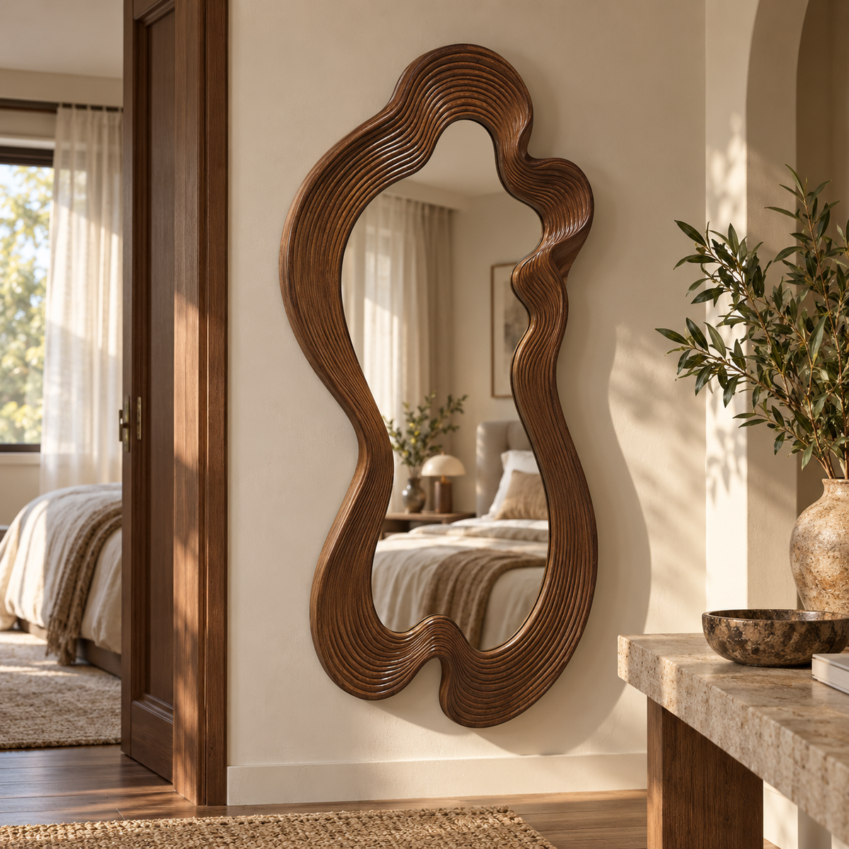 Linden Wood Wavy Mirror, Organic Full-Length Statement Wall Art