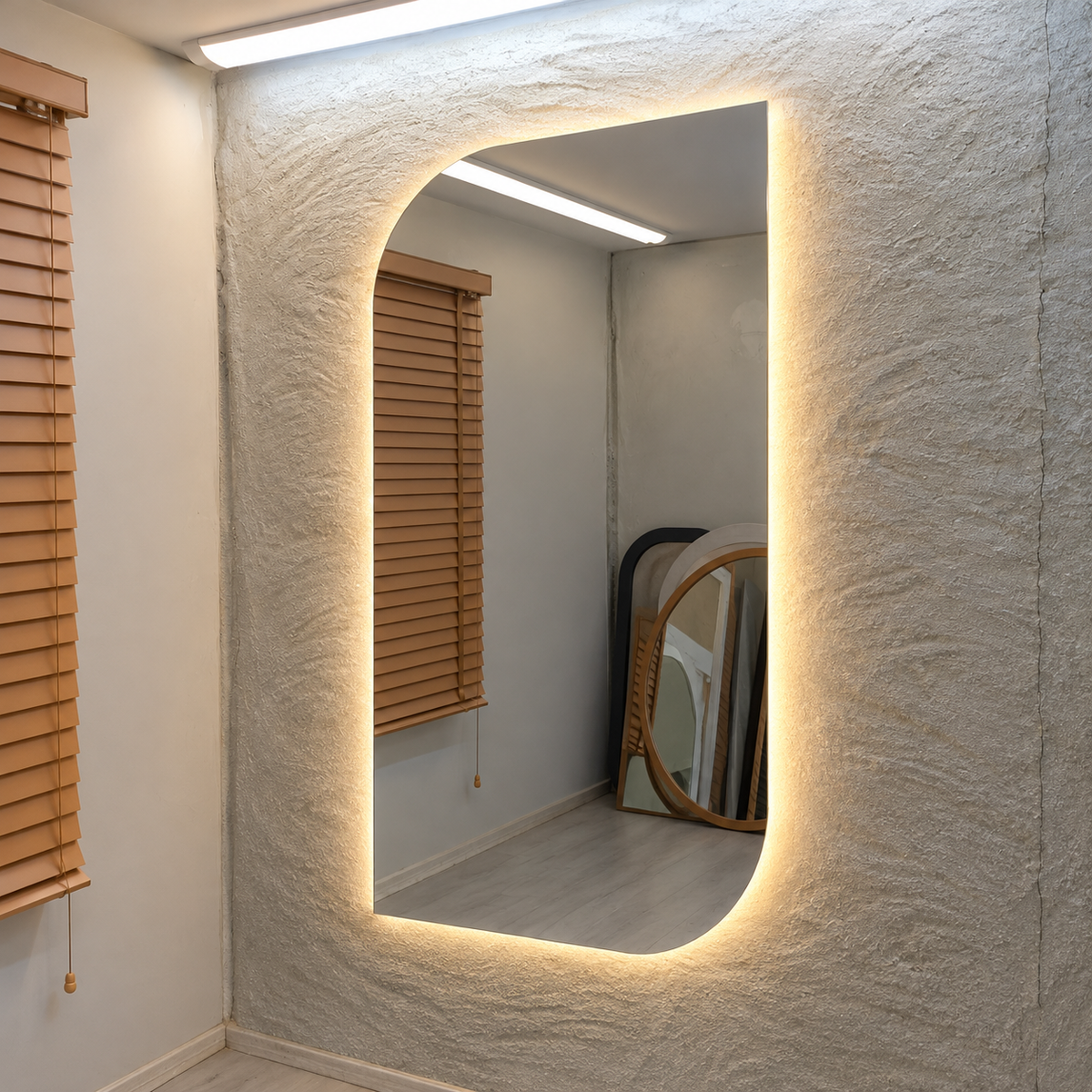 Asymmetrical LED Full Length Mirror, Frameless Backlit Wall Light, Bedroom Bathroom Mirror