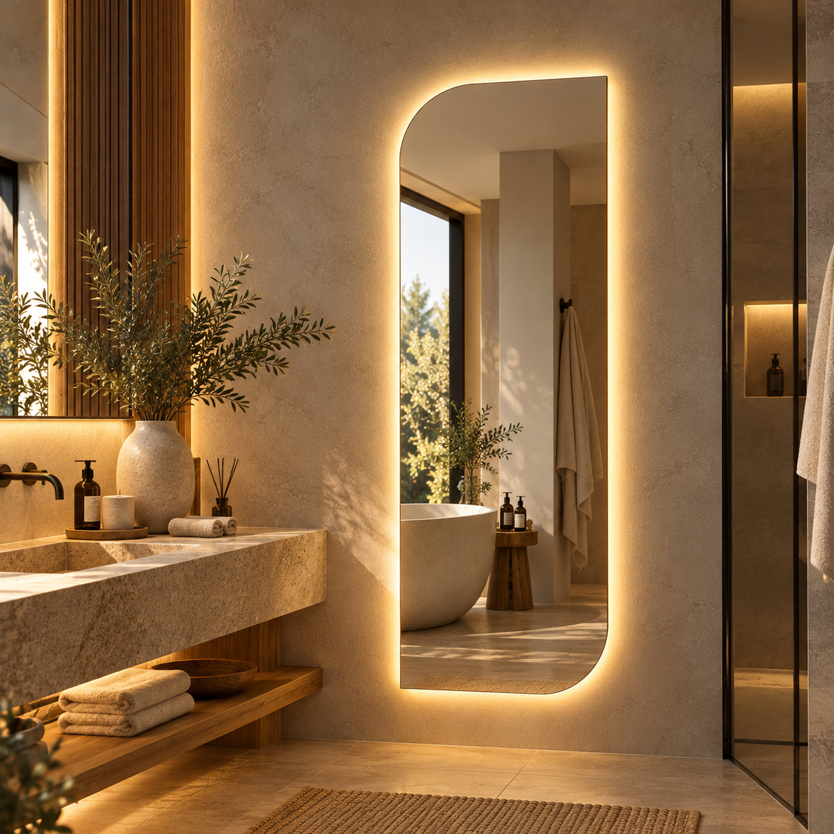 Asymmetrical LED Full Length Mirror, Frameless Backlit Wall Light, Bedroom Bathroom Mirror