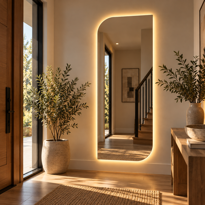 Asymmetrical LED Full Length Mirror, Frameless Backlit Wall Light, Bedroom Bathroom Mirror