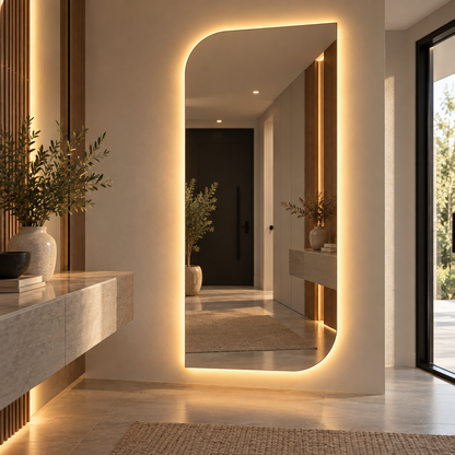 Asymmetrical LED Full Length Mirror, Frameless Backlit Wall Light, Bedroom Bathroom Mirror