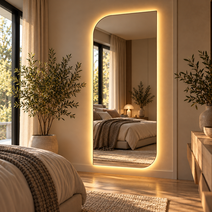 Asymmetrical LED Full Length Mirror, Frameless Backlit Wall Light, Bedroom Bathroom Mirror