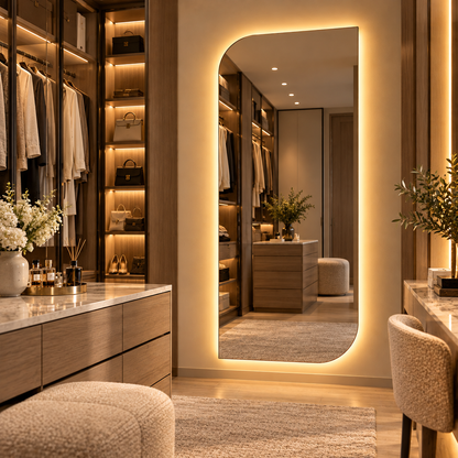 Asymmetrical LED Full Length Mirror, Frameless Backlit Wall Light, Bedroom Bathroom Mirror