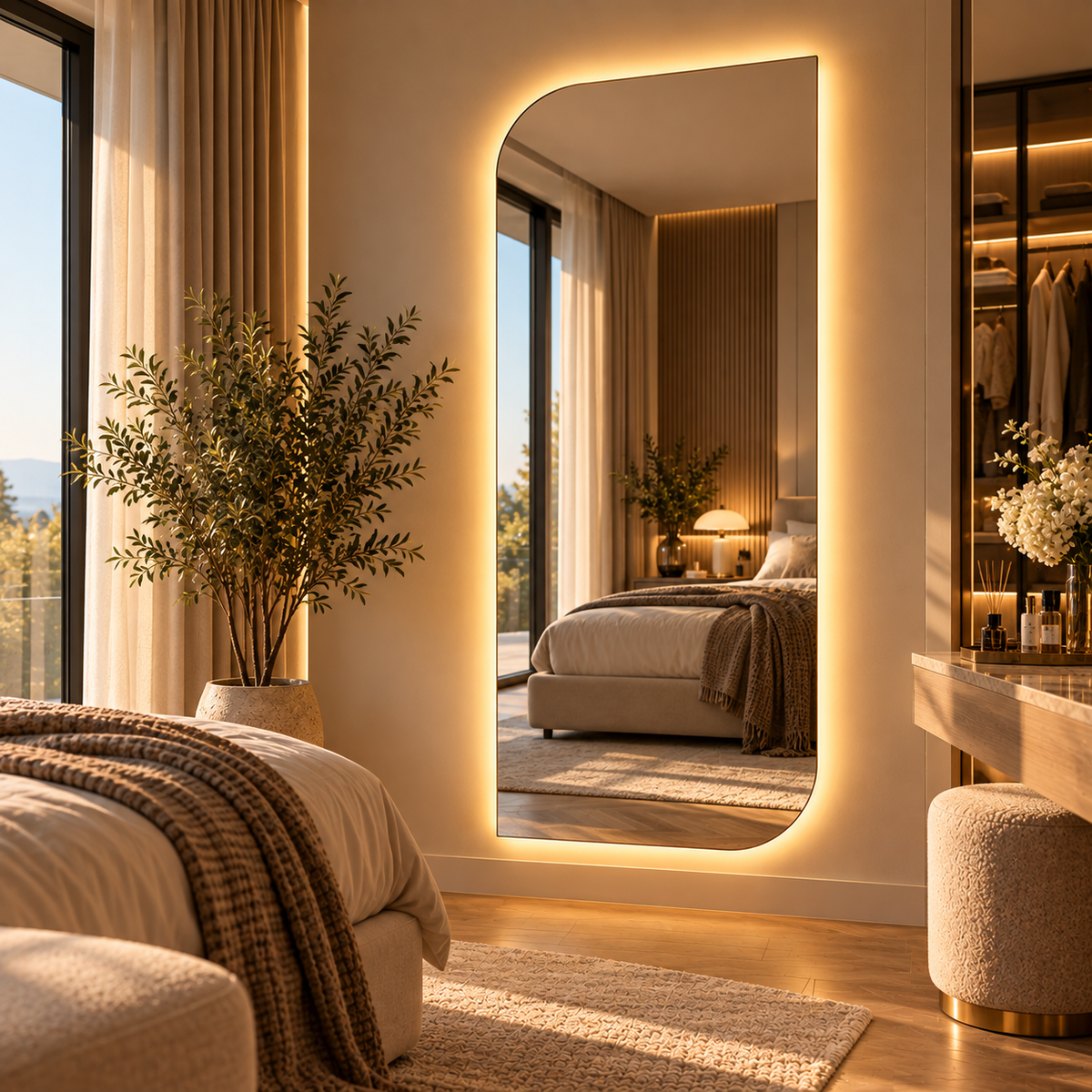 Asymmetrical LED Full Length Mirror, Frameless Backlit Wall Light, Bedroom Bathroom Mirror
