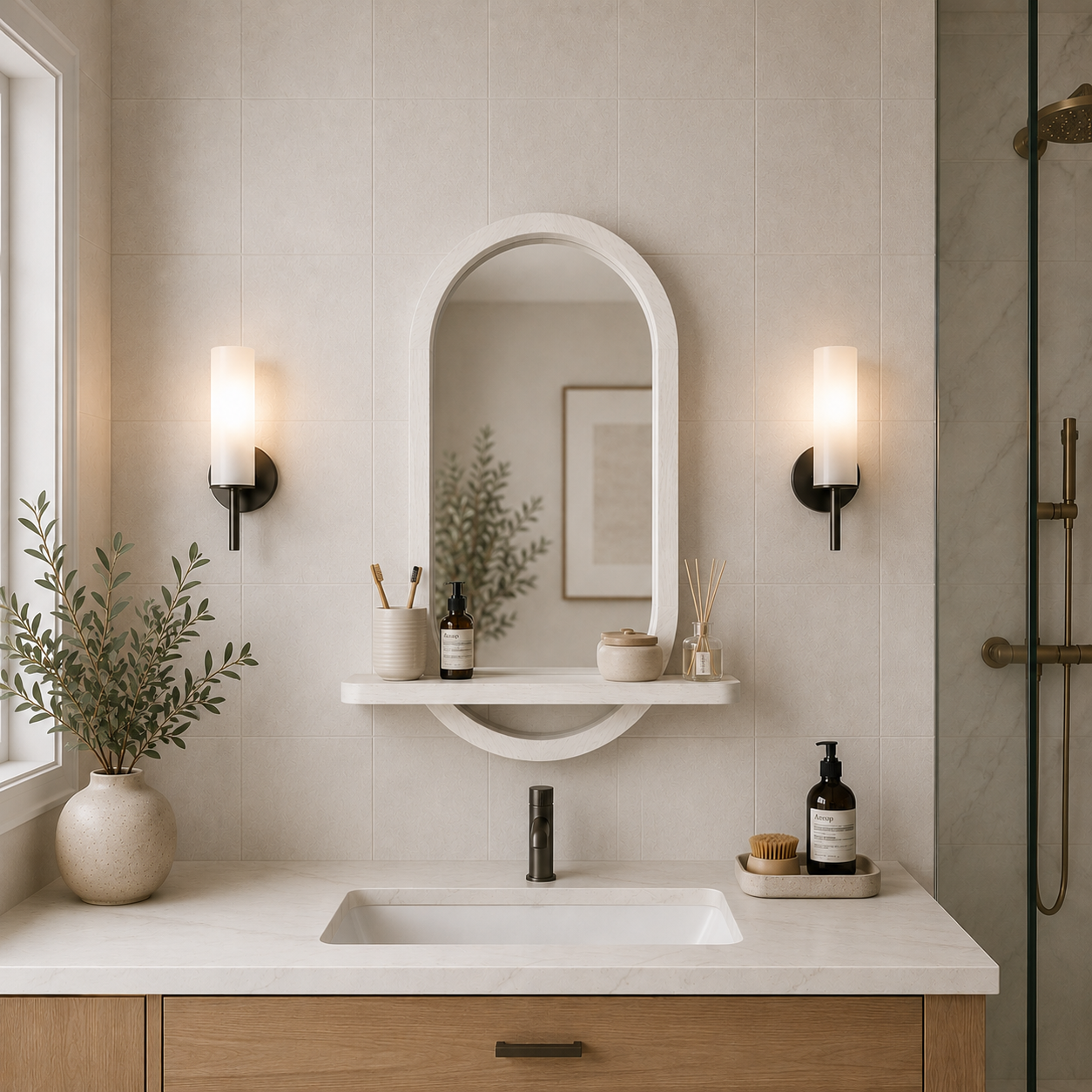 Capsule Wood Wall Mirror with Shelf, Modern Entryway and Vanity Mirror