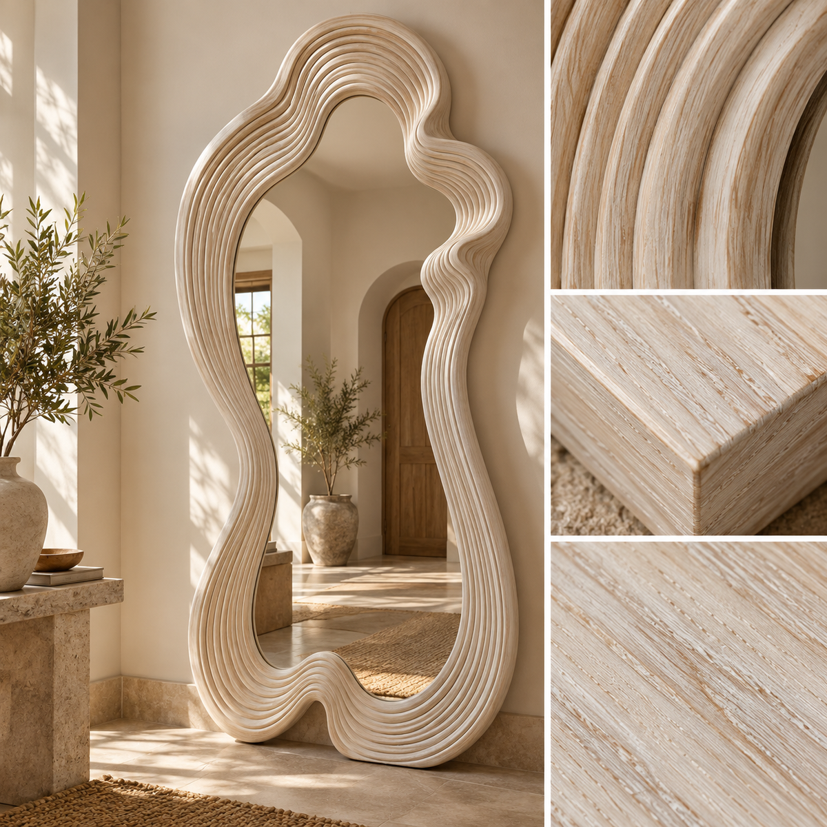 Linden Wood Wavy Mirror, Organic Full-Length Statement Wall Art