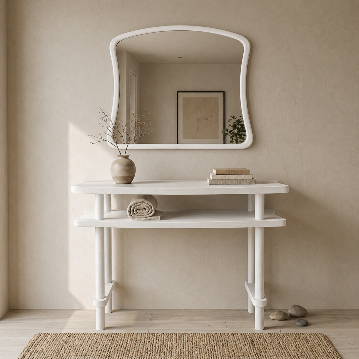 Console Table with Mirror Set, Solid Beech Wood Entryway Furniture, Scandinavian Minimalist Vanity
