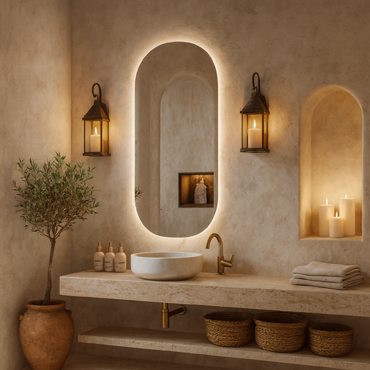Arched LED Bathroom Mirror – Modern Backlit Vanity Wall Mirror with Touch Sensor, Minimalist Japandi Lighted Mirror