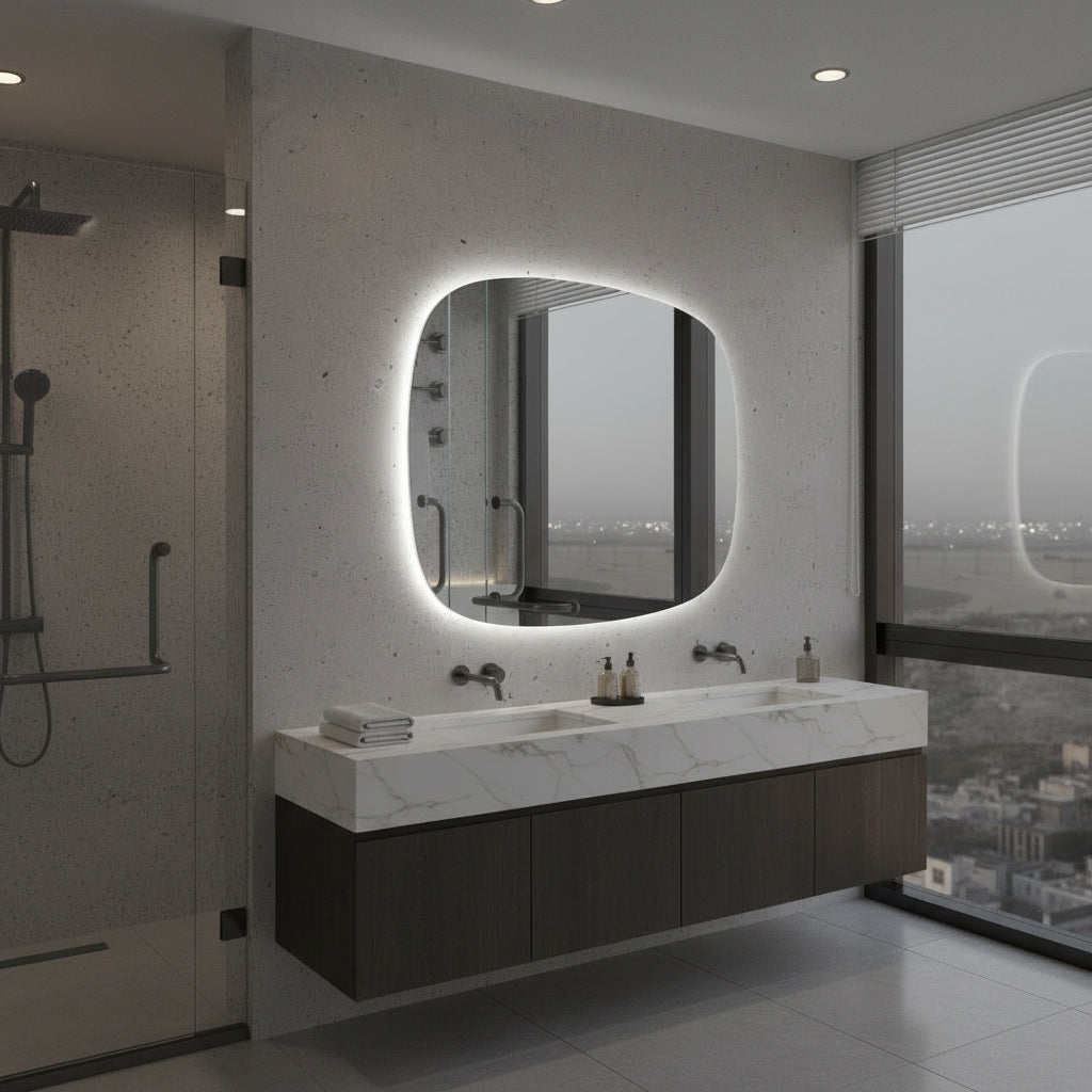 LED Bathroom Mirror Irregular Shape – Modern Asymmetrical Backlit Vanity Mirror | Warm & Cool Light (3000K–6500K)